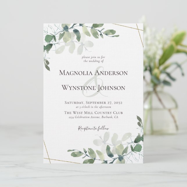 Invitation Lin Eucalyptus Verdure Or Mariage de luxe (Debout devant)