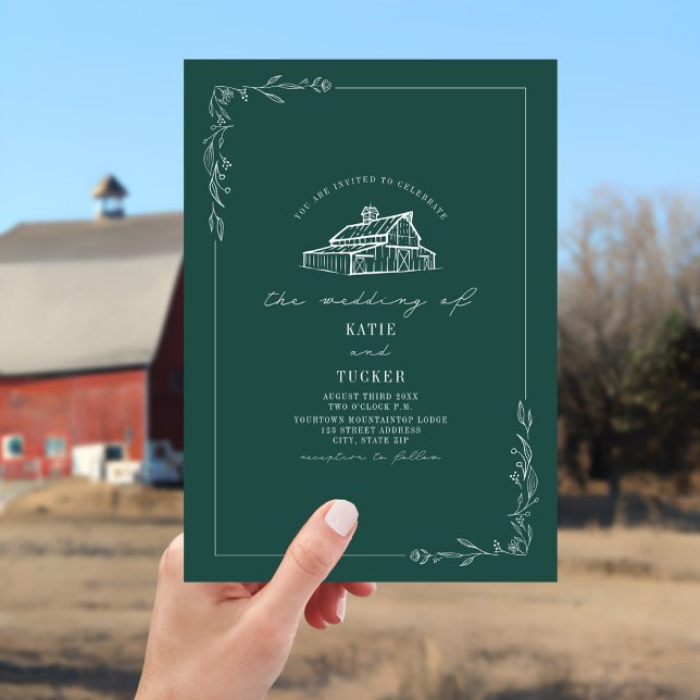 Invitation Line Art Rustic Barn Emerald Mariage (Créateur téléchargé)