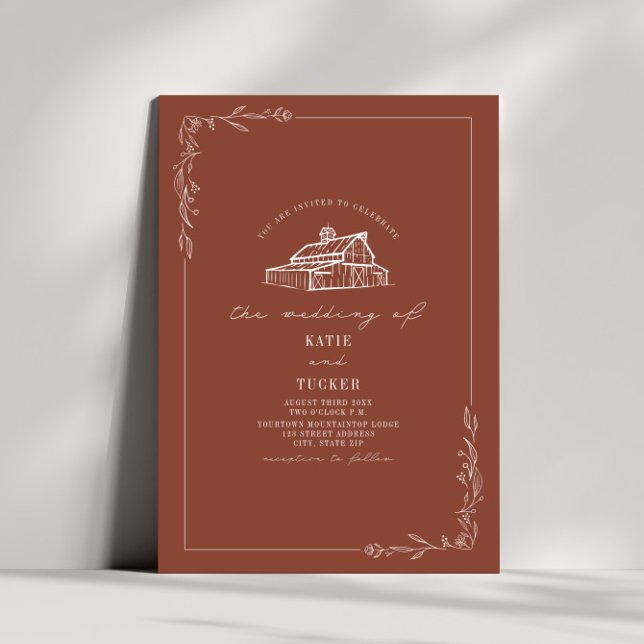 Invitation Line Art Rustic Grange Mariage en terre cuite (Créateur téléchargé)