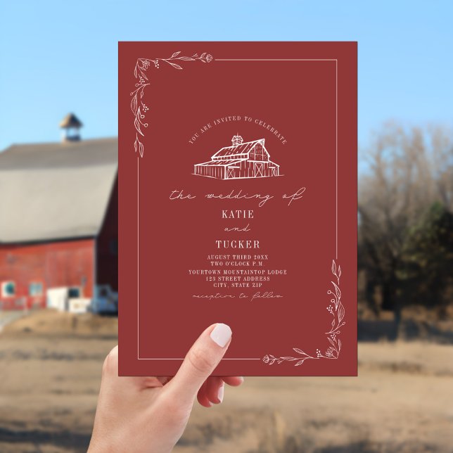 Invitation Line Art Rustic Grange Muet Mariage rouge (Créateur téléchargé)