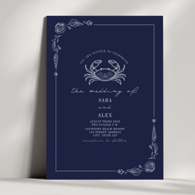Invitation Line Art Rustic Navy Blue Crab Beach Wedding (Créateur téléchargé)