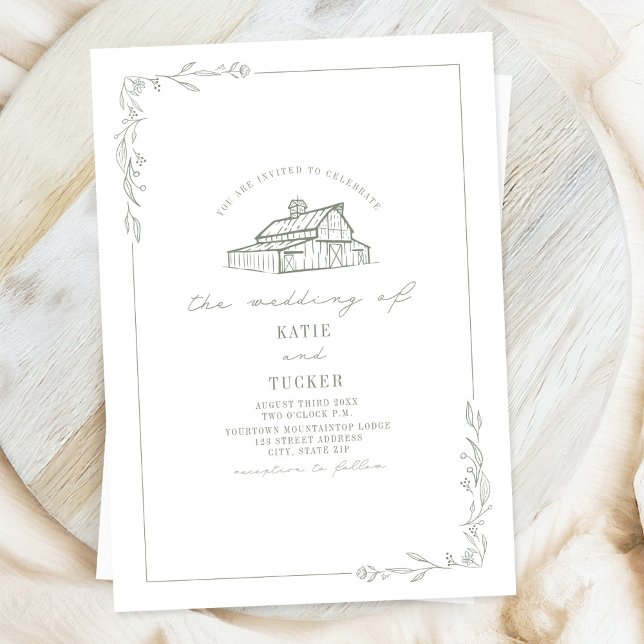 Invitation Line Art Rustique Grange Sage Vert Blanc Mariage (Créateur téléchargé)
