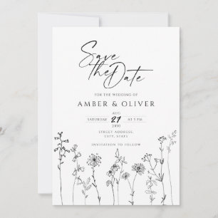 Invitation Lineart Fleur sauvage Simple Enregistrer La Date