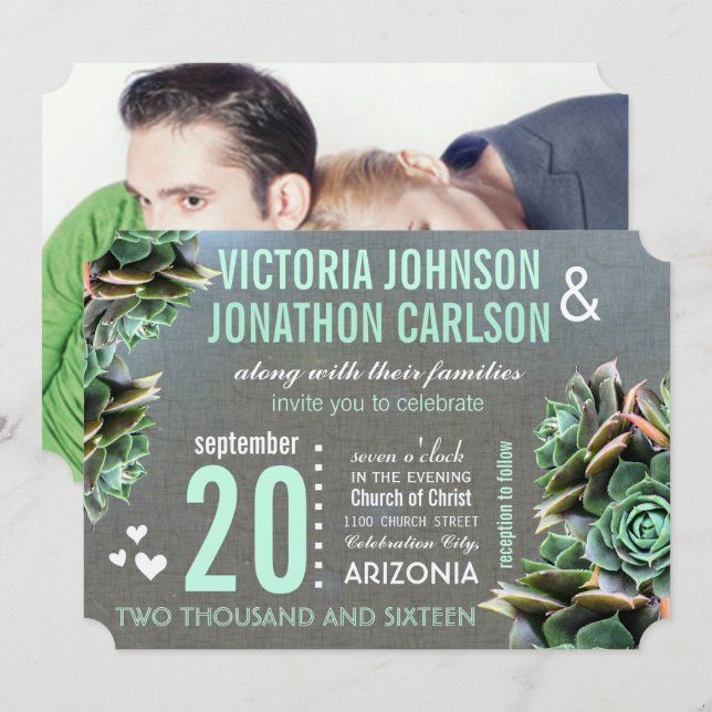 Invitation Linen Mint Succulent Votre Mariage Photo (Devant / Derrière)