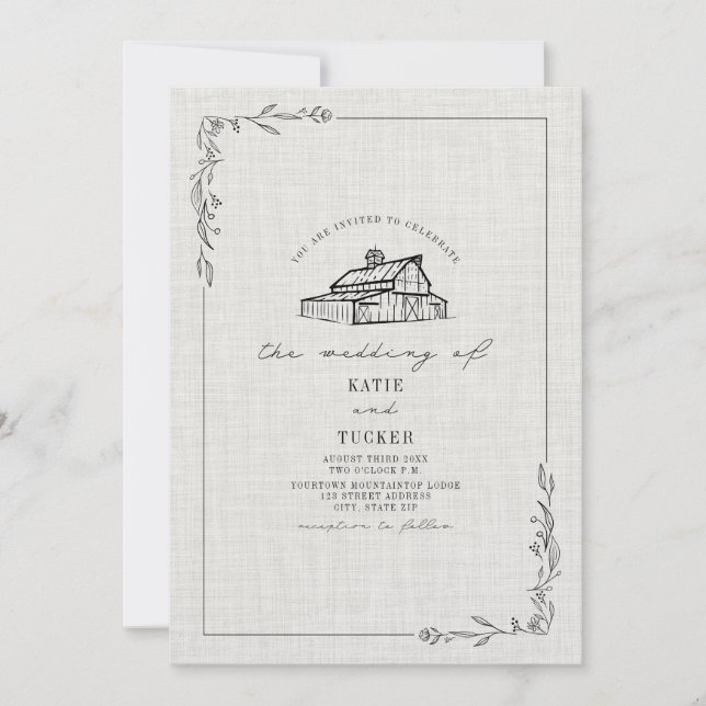 Invitation Linen Rustic Barne Mariage campagnard (Devant)
