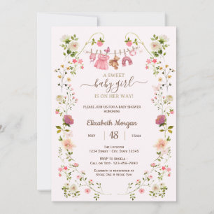 Invitation Linge rose Fleurs sauvages Baby Shower