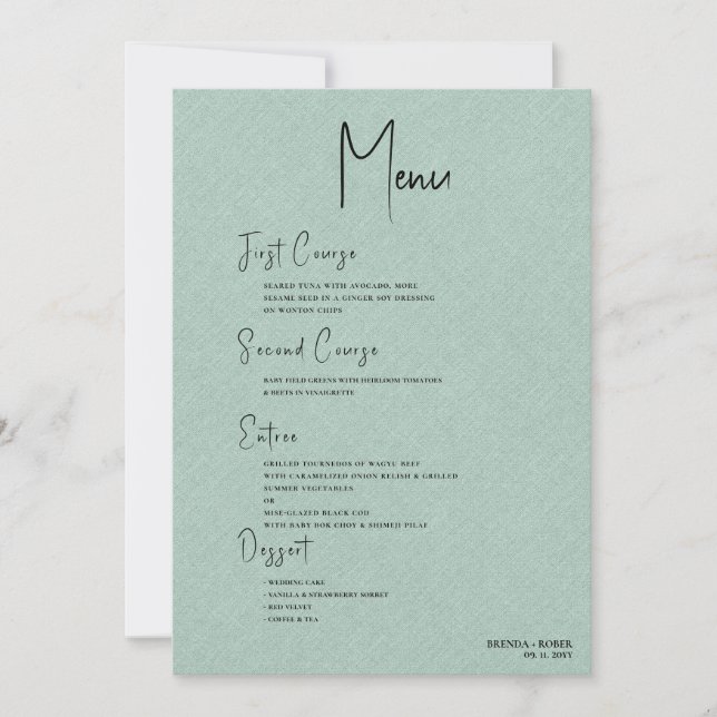 Invitation Linge vert Simple Noir Menu de bienvenue (Devant)
