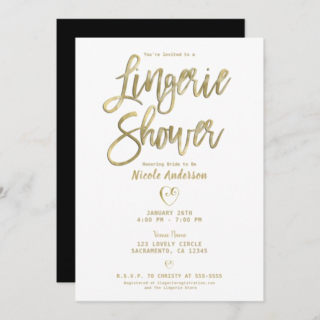 Invitation Lingerie de douche chic moderne en or blanc noir (Devant / Derrière)
