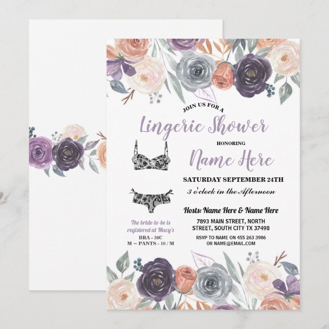Invitation Lingerie Douche Aquarelle Peach Purple Crème (Devant / Derrière)