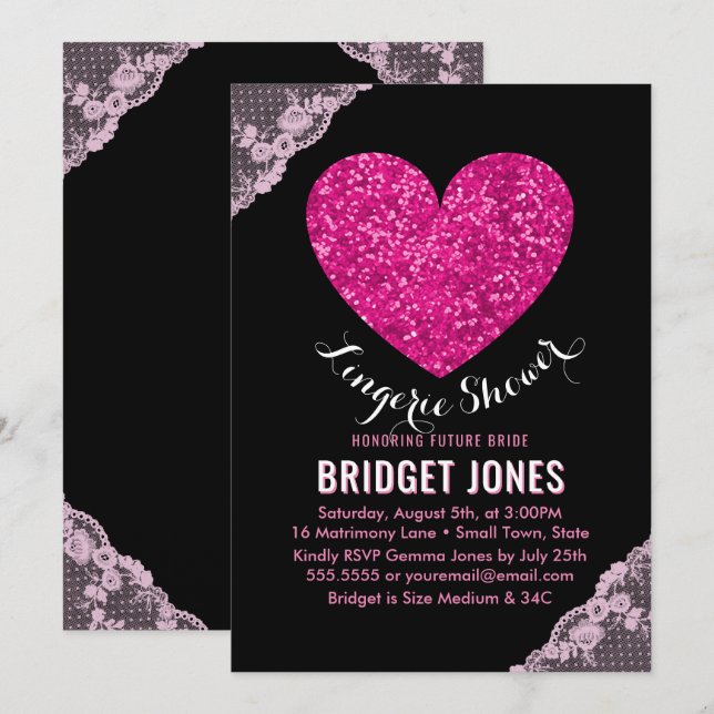 Invitation Lingerie Douche fête nuptiale Pink Heart Lace (Devant / Derrière)