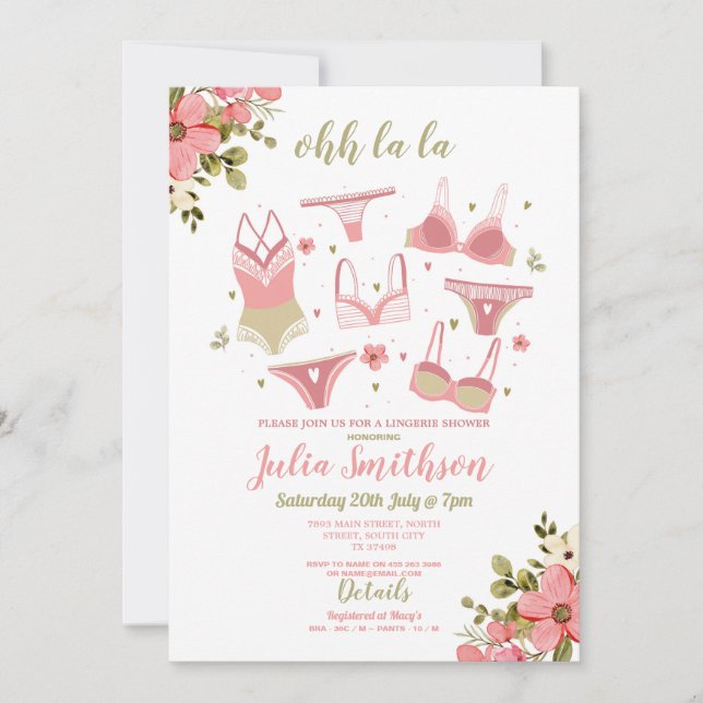 Invitation Lingerie Douche mariée fête florale Feminine rose (Devant)