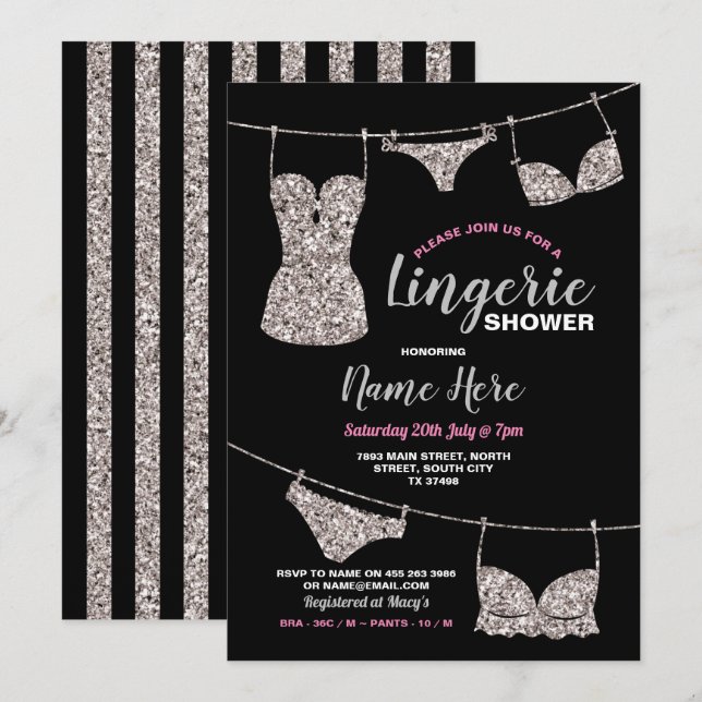 Invitation Lingerie Douche mariée Parties scintillant argent  (Devant / Derrière)