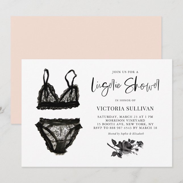 Invitation Lingerie en dentelle d'aquarelle noire Fête des ma (Devant / Derrière)