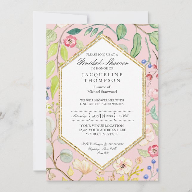 Invitation Lingerie Fête des mariées Blush Aquarelle Florale  (Devant)