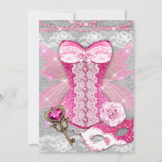 Invitation Lingerie Party PINK Clé Corset Masque Argent (Devant)