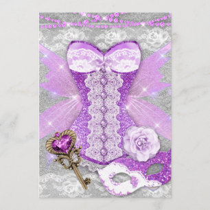 Invitation Lingerie Party Purple Clé Corset Masque Argent