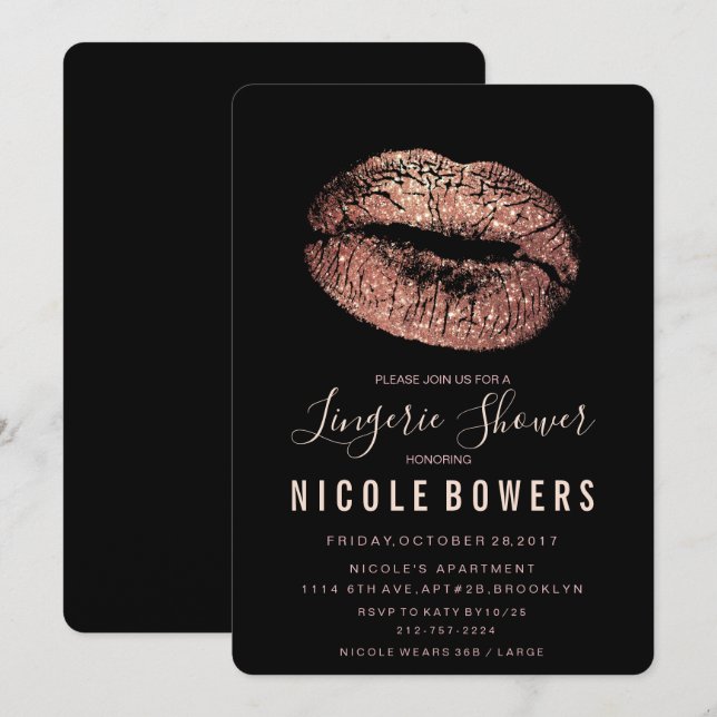 Invitation Lingerie Rose Gold Lèvres Douche (Devant / Derrière)