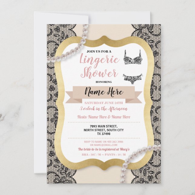Invitation Lingerie Shower Gold Cream Lace Bra Pearl (Devant)
