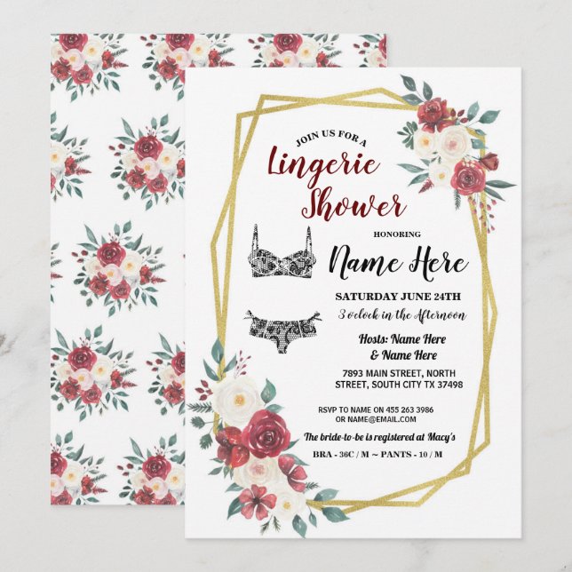 Invitation Lingerie sous douche Or Aquarelle Rouge Crème Flor (Devant / Derrière)