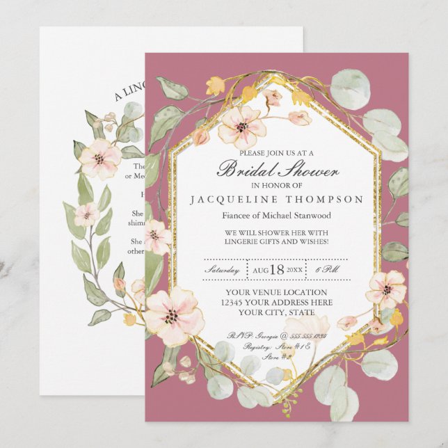 Invitation Lingerie Wedding shower Berry Rose Aquarelle (Devant / Derrière)