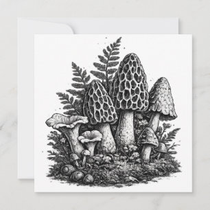 Invitation Linogravure de champignons forestiers vintage