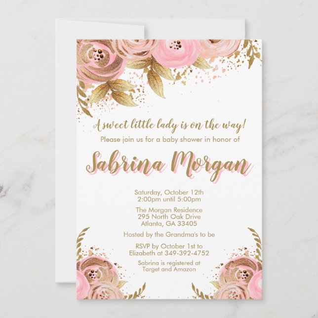 Invitation L'invitation florale de baby shower d'or rose (Devant)