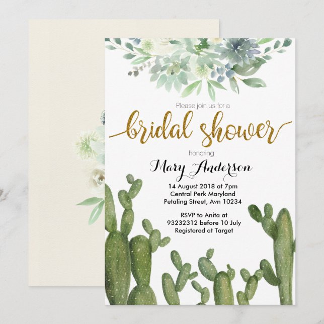 Invitation L'Invitation Succulente de la douche nuptiale Gold (Devant / Derrière)