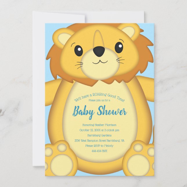 Invitation Lion Baby shower bleu (Devant)