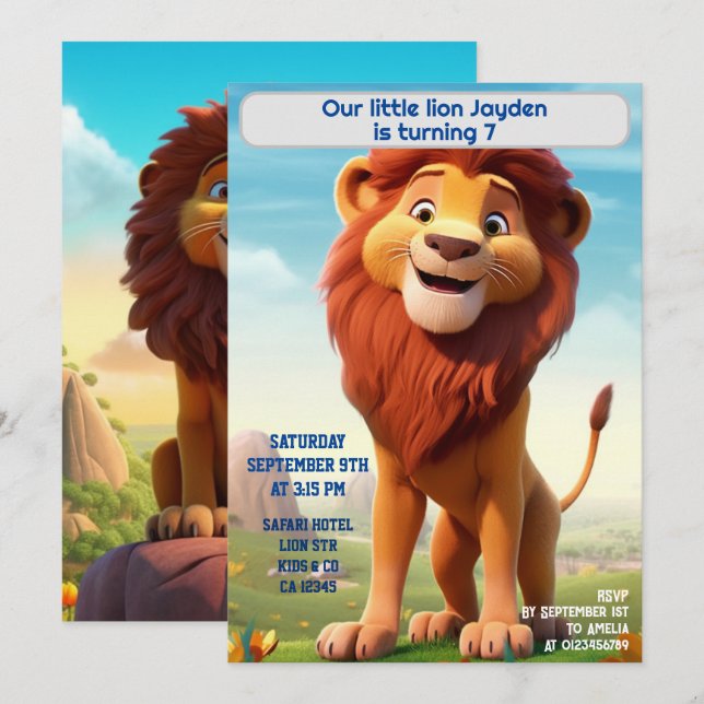 Invitation Lion d'anniversaire Nom personnalisé Enfants d'âge (Devant / Derrière)
