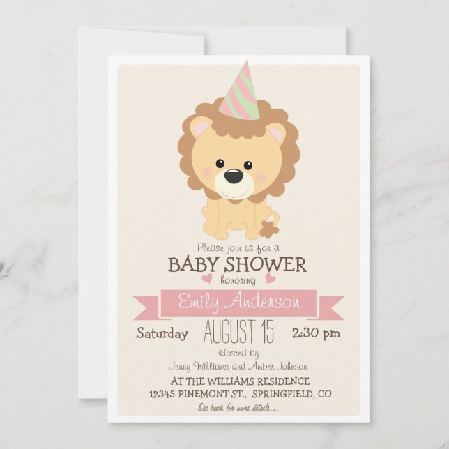 Invitation Lion fille mignonne, Zoo Jungle Baby shower animal (Devant)