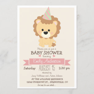 Invitation Lion fille mignonne, Zoo Jungle Baby shower animal