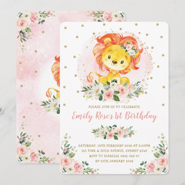Invitation Lion floral rose vif 1er anniversaire fille sauvag (Devant / Derrière)