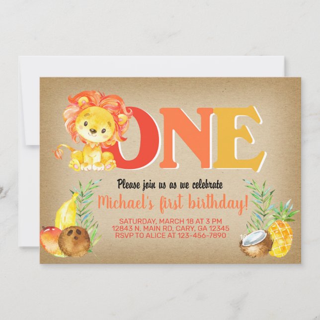 Invitation Lion garçon 1er anniversaire invitation, invitatio (Devant)
