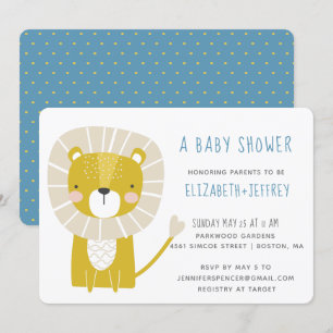 Invitation Lion mignon moderne bébé garçon bleu jaune