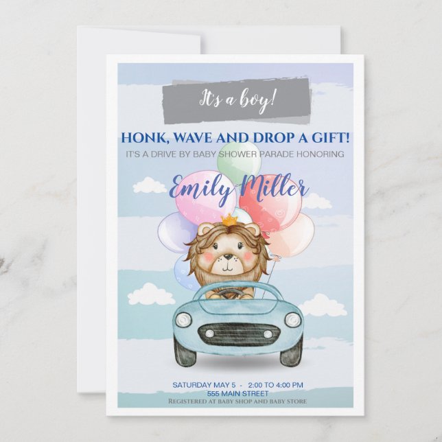 Invitation Lion prince drive par baby shower invitant garçon (Devant)