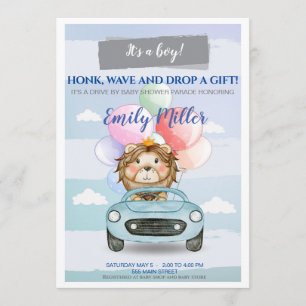 Invitation Lion prince drive par baby shower invitant garçon
