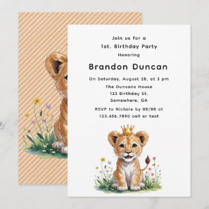 Invitation Lion Royal Bébé 1er. Fête d'anniversaire
