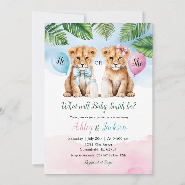 Invitation Lion Safari avec bébé bow Révélation de genre (Devant)