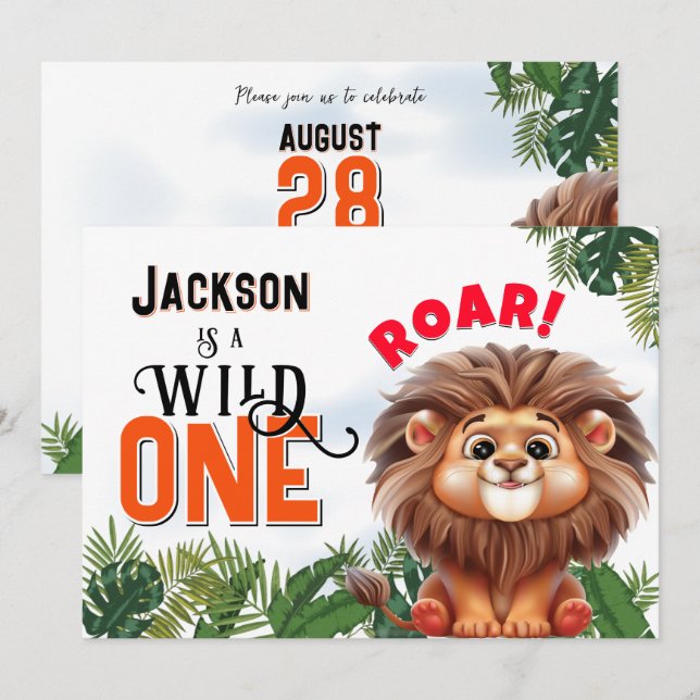 Invitation Lion Safari Wild One Anniversaire de enfant Party (Devant / Derrière)