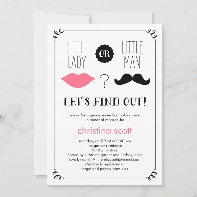 Invitation Lips et Moustache Genre Révéler Baby shower Invita (Devant)