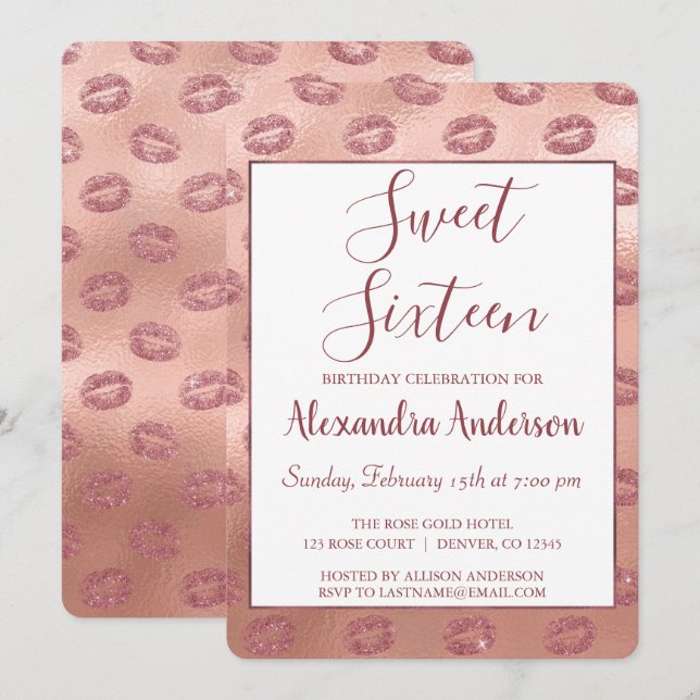 Invitation Lipstick Baisers Rose Sweet sixteen Or Anniversair (Devant / Derrière)