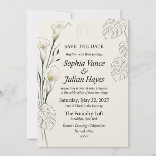 Invitation Lis calla blanc, feuille de monstera en contour, m