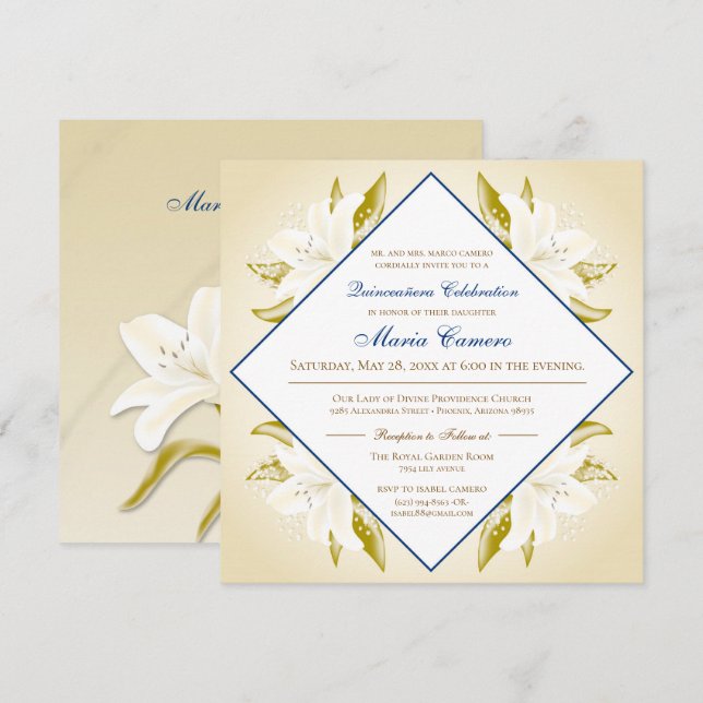 Invitation Lis d'or et bleu marine Quinceañera (Devant / Derrière)