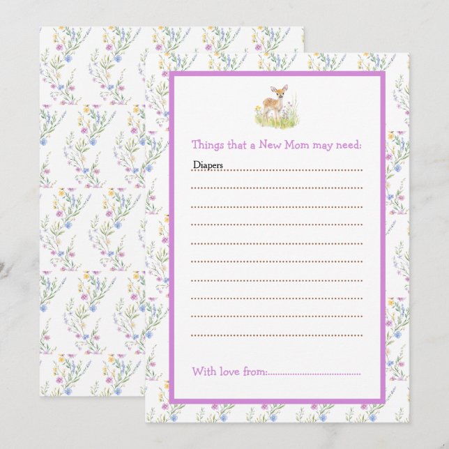Invitation Liste de conseils sur les Baby showers de cerfs de (Devant / Derrière)