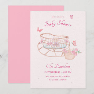 Invitation Lit bébé rose doux fleuri