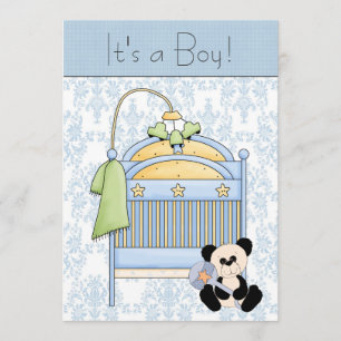 Invitation Lit Teddy Bear Baby shower bleu Damask