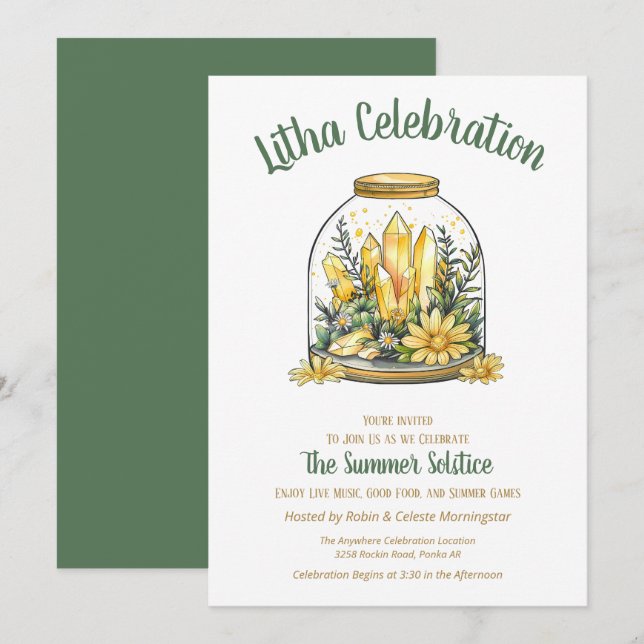 Invitation Litha Été Floral Verdure & Cristaux Citrine (Devant / Derrière)