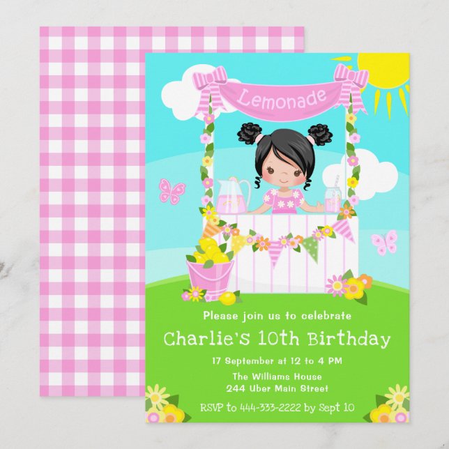 Invitation Litronade rose Stand Anniversaire Black Hair Girl (Devant / Derrière)