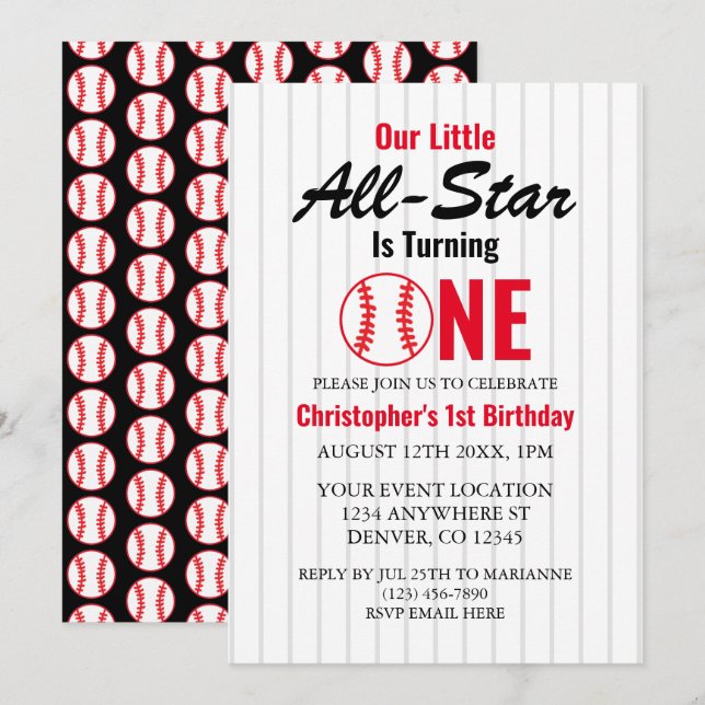 Invitation Little All Star Baseball 1er anniversaire (Devant / Derrière)