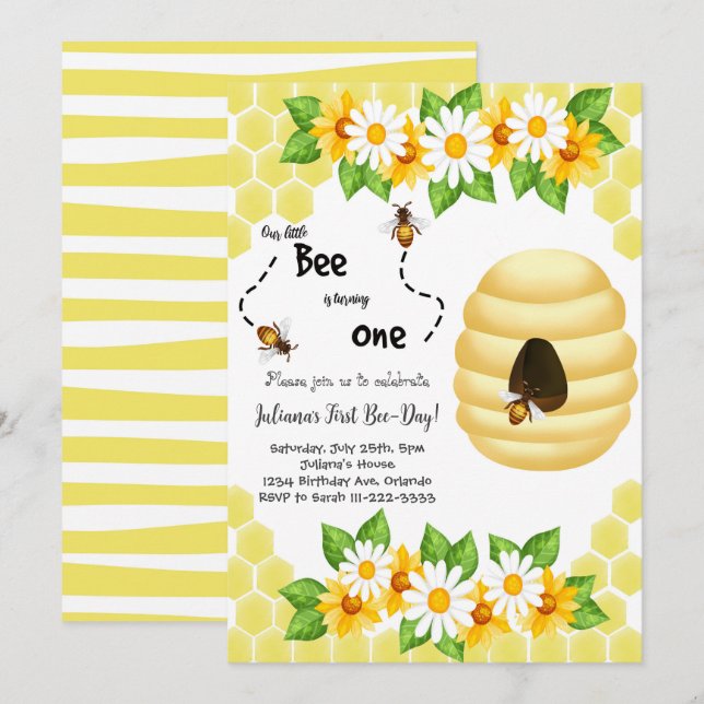 Invitation Little Bee First Bee Day 1er anniversaire Invitati (Devant / Derrière)
